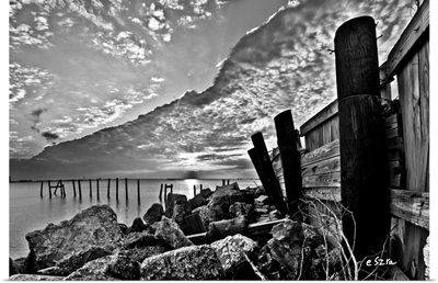Black And White Broken Sea Wall Sunset Cloud Wave