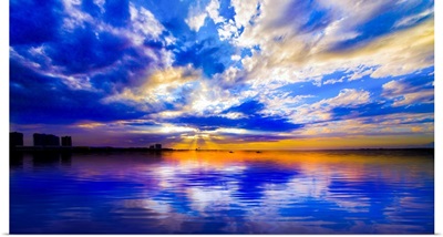 Blue And White Seascape With Sunset Reflection