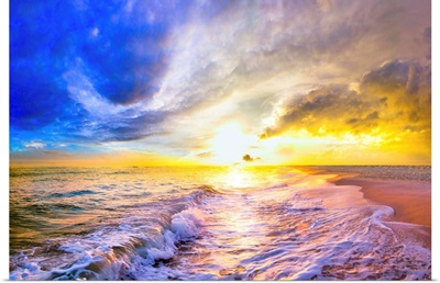 Blue Gold Beach Sunset And Ocean Waves