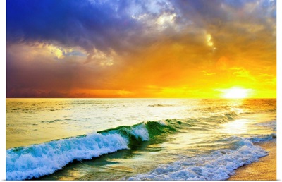 Blue Green Sea Surf Orange Blue Ocean Sunset