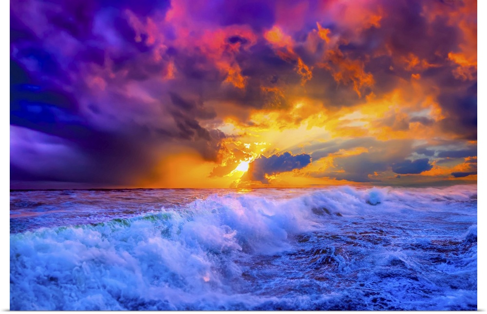 Sunlit waves crash through the ocean under a blue, red, purple, and golden sunset.