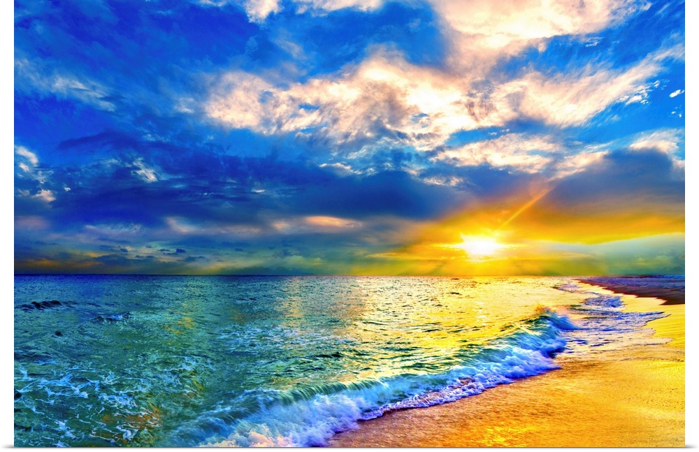 A blue seascape beneath a gold and blue skyscape.