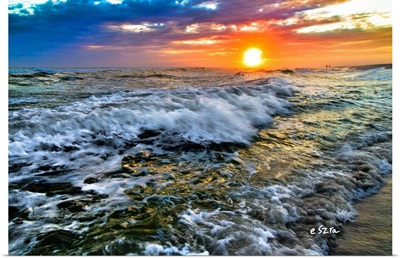 Breaking Waves-Red Purple Blue Sunset-Sea Shore