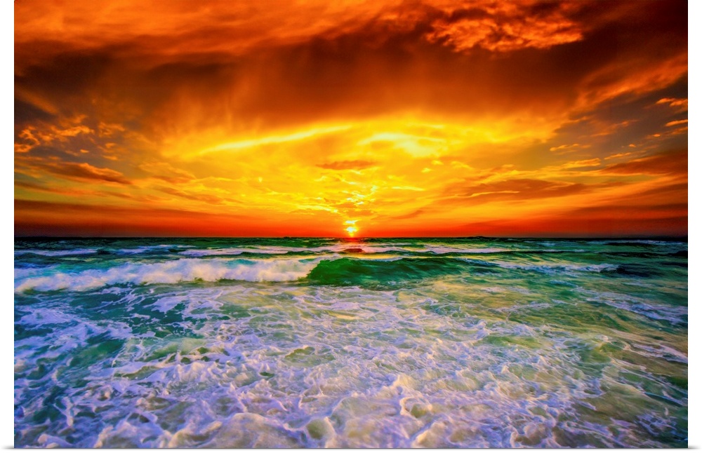 Brilliant Green Flaming Red Fiery Ocean Sunset