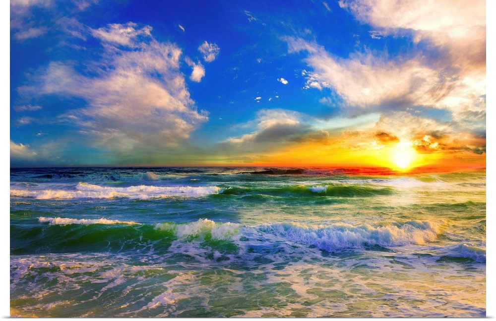 A blue ocean sunrise with white crested waves. A colorful seascape sunset with an orange sun.