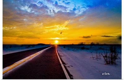 Driving Into Sunset Open Road Highway Distant Sun