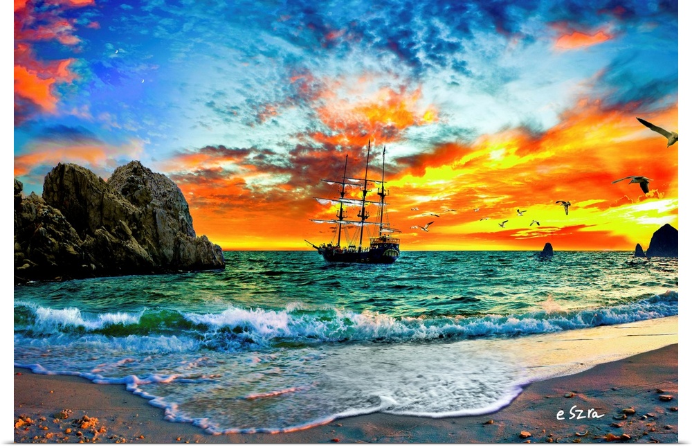 Fantasy art featuring a pirate ship sailing into the sunset in Cabo San Lucas.