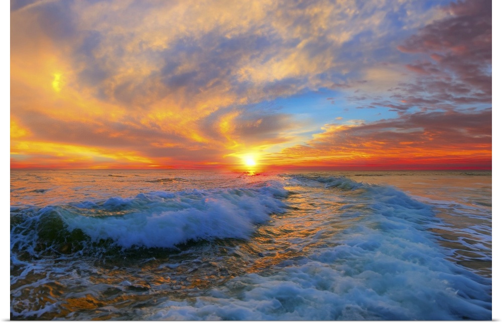 Ocean waves spiral through the sunset and up into a red and blue and golden sky.