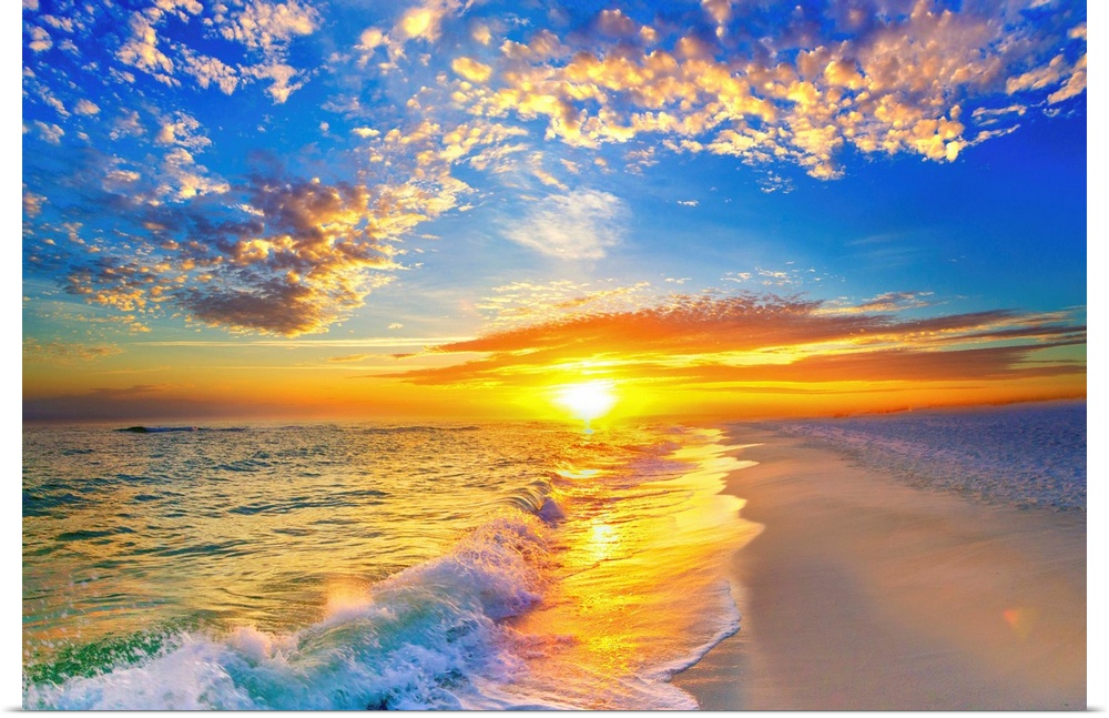 Golden soaked waves on the beach under a blue sky and beautiful sunset.