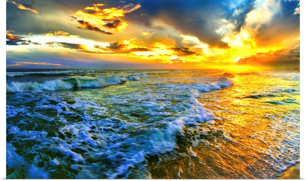 Golden Sunset Seascape crashing waves on a Florida beach. Landscape taken on Navarre Beach, Florida.