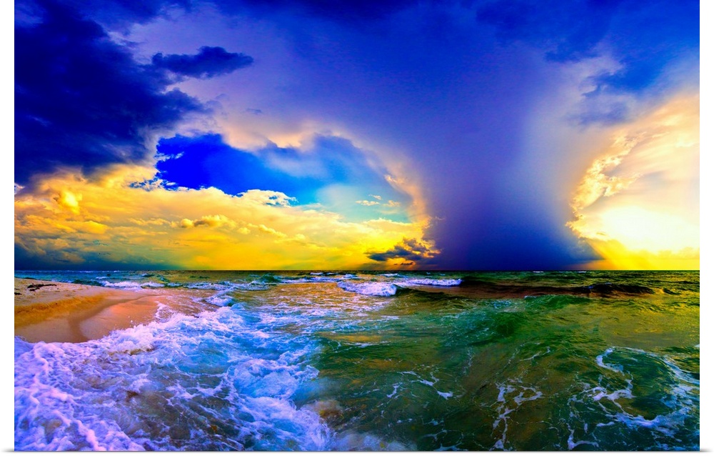 A blue cloud plume over a green seascape. Green waves crash onto the sandy sea shore. Landscape taken on Navarre Beach, Fl...