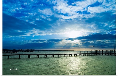 Lonely Pier Shimmering Sea Sky Blue Sun Rays Cloud