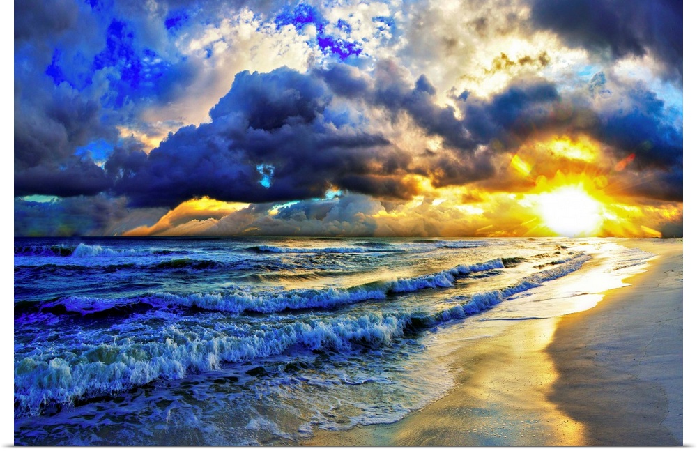 A beautiful ocean landscape featuring a beach sunset with dark and bright amazing layered clouds.