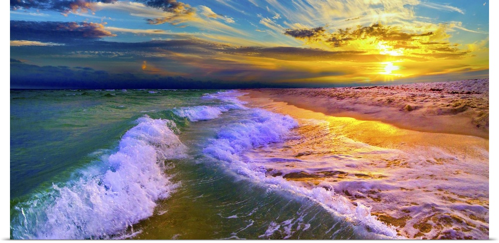 Ocean waves crash on the shore in this ocean sunset panorama with amazing clouds. This features breaking waves on a beauti...
