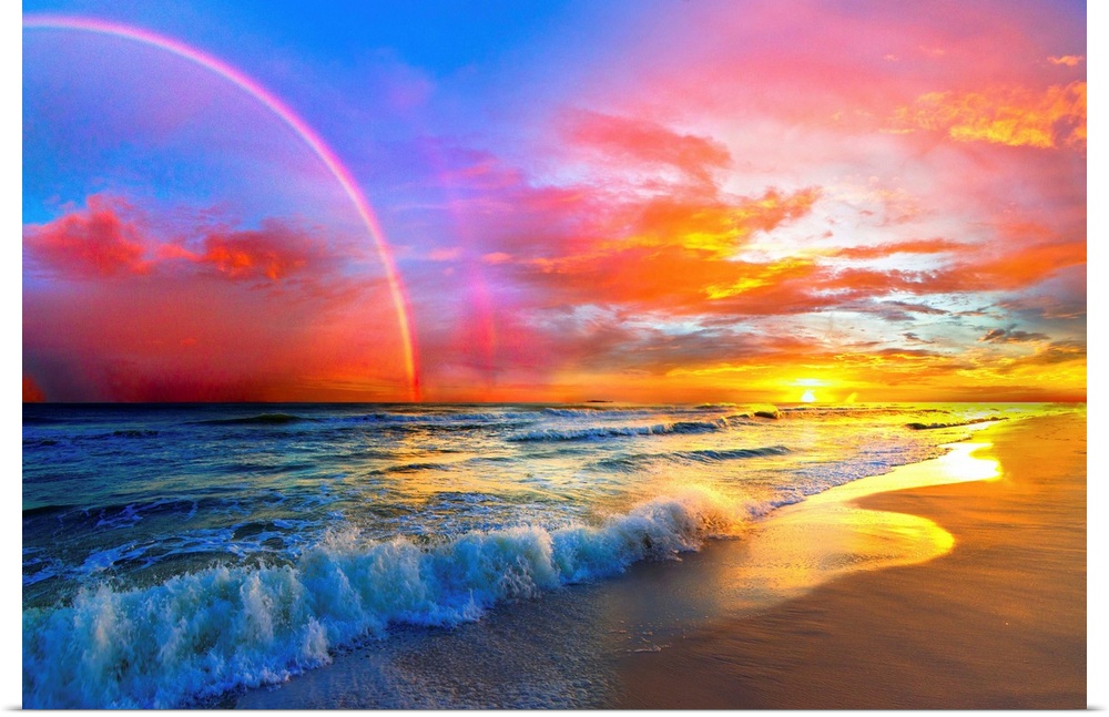 A beautiful colorful pink rainbow and sunset over ocean waves of a sandy beach. The colors and light of the beautiful suns...