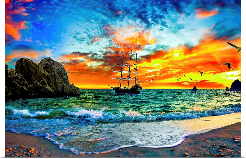 A pirate ship sailing into the sunset behind rocky cliffs. This makes a great print for any pirate ship enthusiasts you ma...