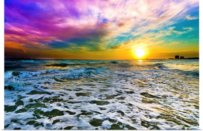 Purple Cloud Sunset Checkered Sea Surf White Foam