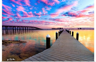 Purple Cloud Wisp Sunset Reflection-Pier Landscape