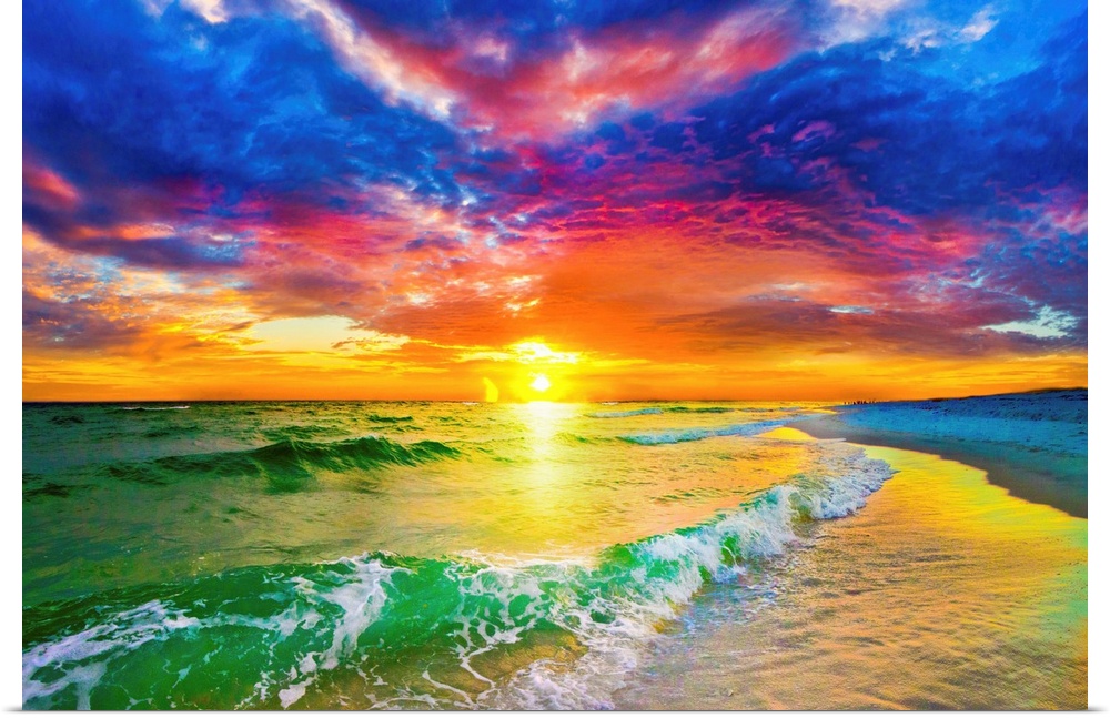 This colorful purple and red sunset is high above a beautiful sea. A green wave crashes on the shore before a beautiful oc...