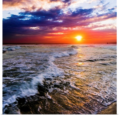 Red And Purple Sea Waves Sunset Square