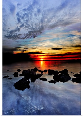 Red Sunset Landscape Blue Sea Cloud Reflection