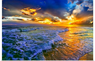 Rolling Blue Seascape Golden Suntrail Sunset Sky