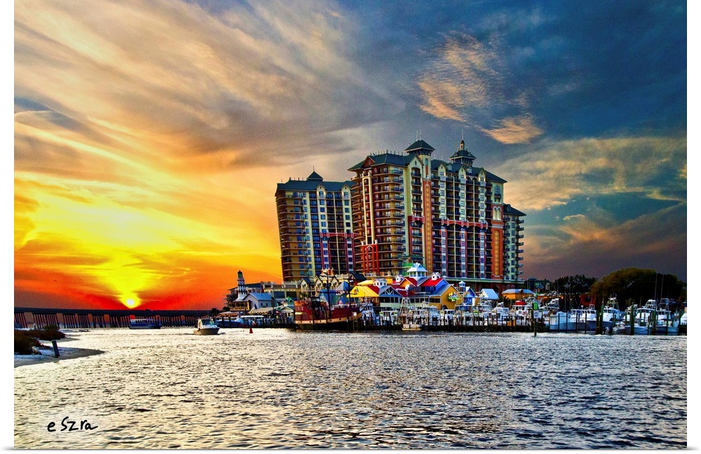 A view from the sea looking at the Emerald Grand at sunset.