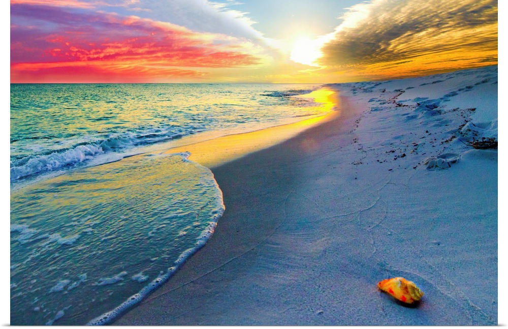A shell on a sandy beach before a colorful sunset. A very tranquil and relaxing sunset. Landscape taken on Navarre Beach. ...