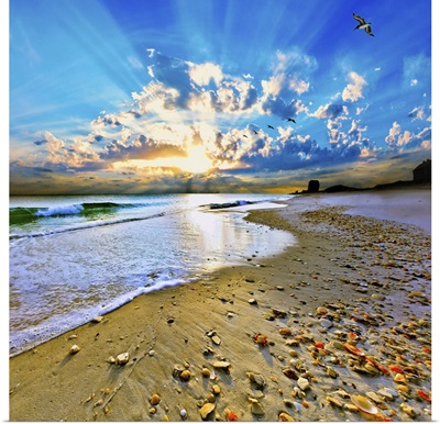 Vibrant Blue Sun Rays Burst Above Beach Shells