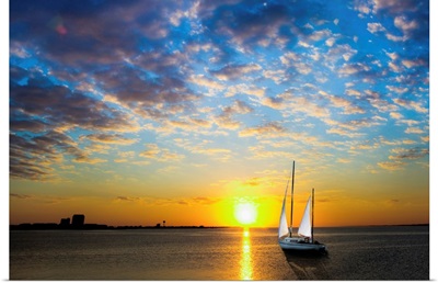 White Sail Sailboat-Sailing Into Sun-Sea Sunset