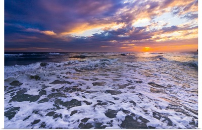 White Waves Seascape And Orange Sunset