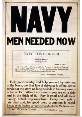 1917 recruitment poster for the US Navy.  After Wilson's April 1917 entry into WWI