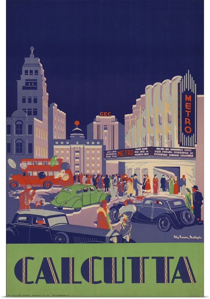 1938 travel poster shows people gathered by the newly opened Metro Cinema in Calcutta.