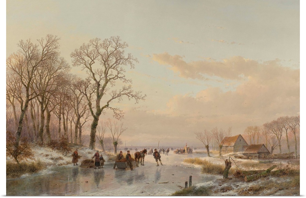 A Frozen Canal Near the River Maas, by Andreas Schelfhout, 1867, Dutch painting, oil on canvas. Frozen winter scenes, with...