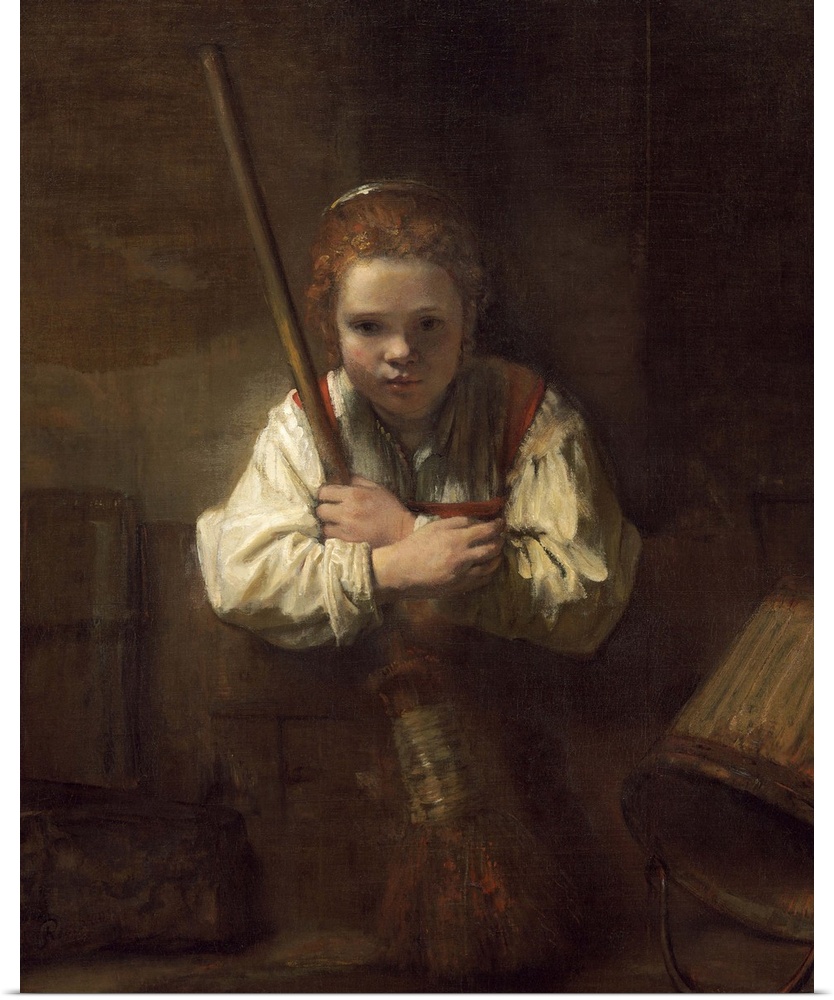A Girl with a Broom, by Rembrandt's workshop, 1651, Dutch painting, oil on canvas. A young girl, holding a broom, stares d...