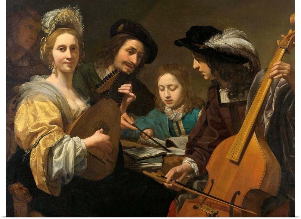 A Musical Party, by Gerard van Kuijl, 1651, Dutch painting, oil on canvas. A young man receives a music or singing lesson....