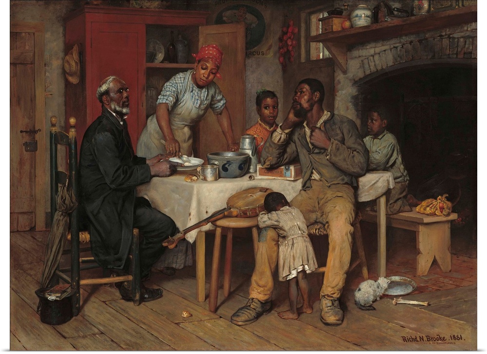 A Pastoral Visit, by Richard Norris Brooke, 1881, American painting, oil on canvas. An African American family welcoming t...