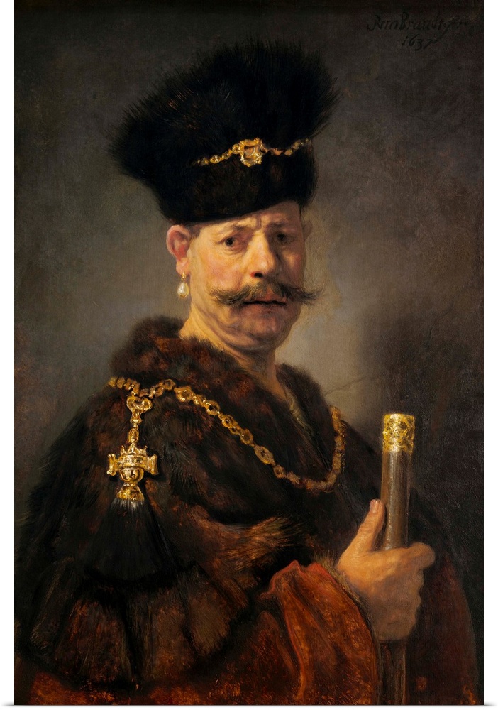 A Polish Nobleman, by Rembrandt van Rijn, 1637, Dutch painting, oil on panel. This is a costume portrait, and may even be ...