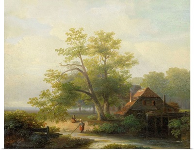 A Watermill in a Woody Landscape, 1854, Dutch oil painting on panel