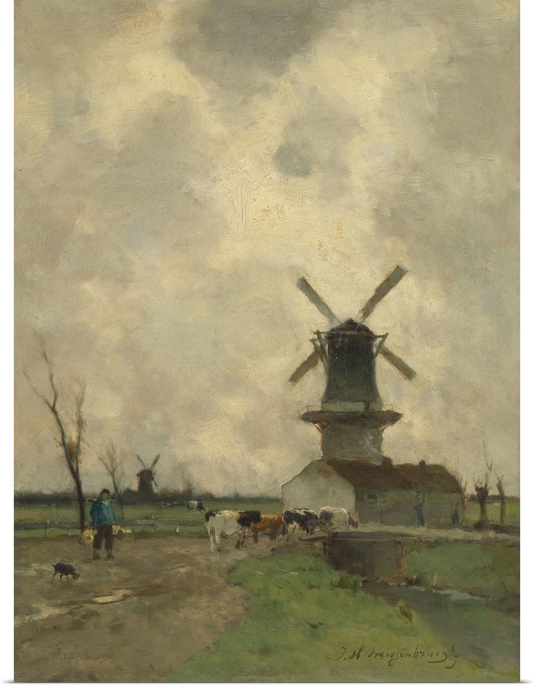 A Windmill, by Johan Hendrik Weissenbruch, c. 1870-1903, Dutch painting, oil on panel. Farmer with a yoke on the shoulders...