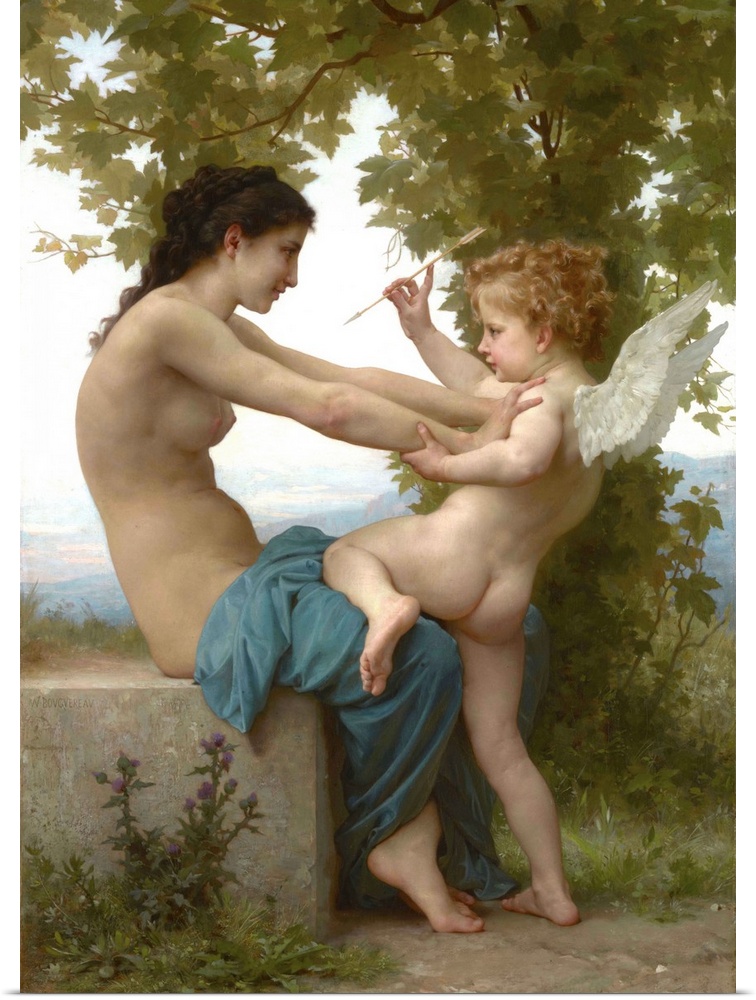 A Young Girl Defending Herself against Eros, by William Adolphe Bouguereau, 1880, French painting, oil on canvas. A young ...