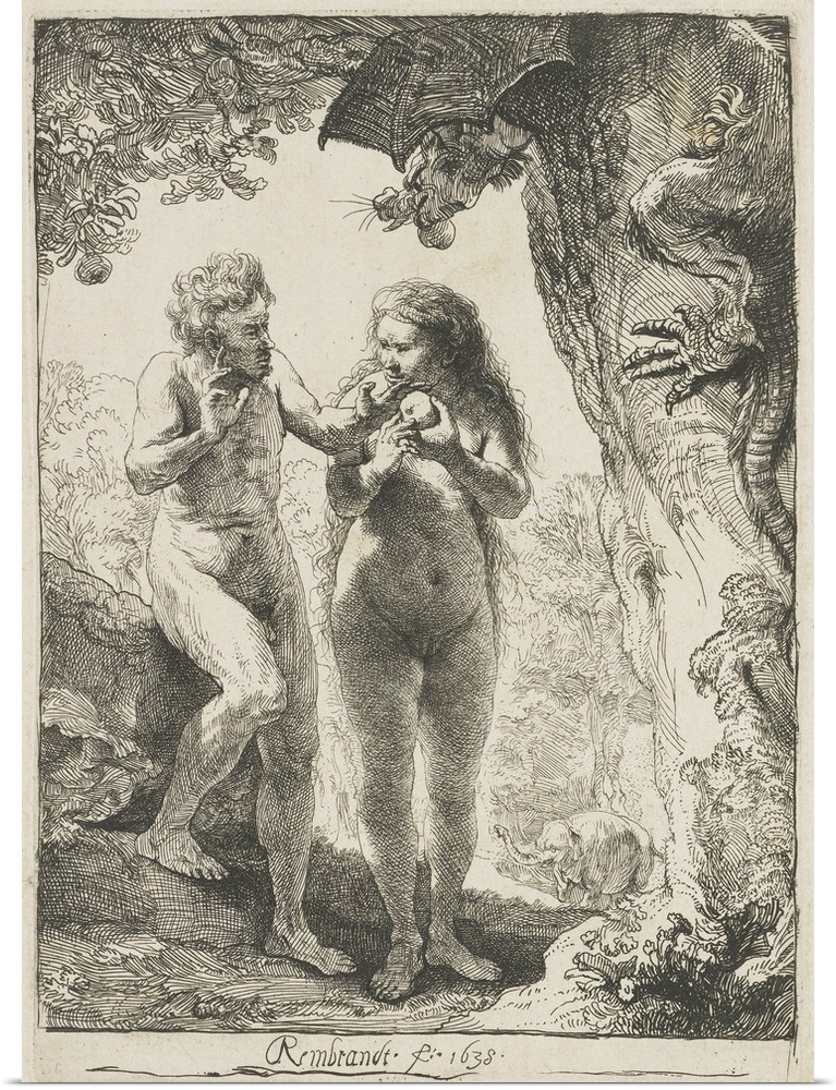 Adam and Eve, by Rembrandt van Rijn, 1638, Dutch print, etching on paper. Adam and Eve at the moment of their temptation a...