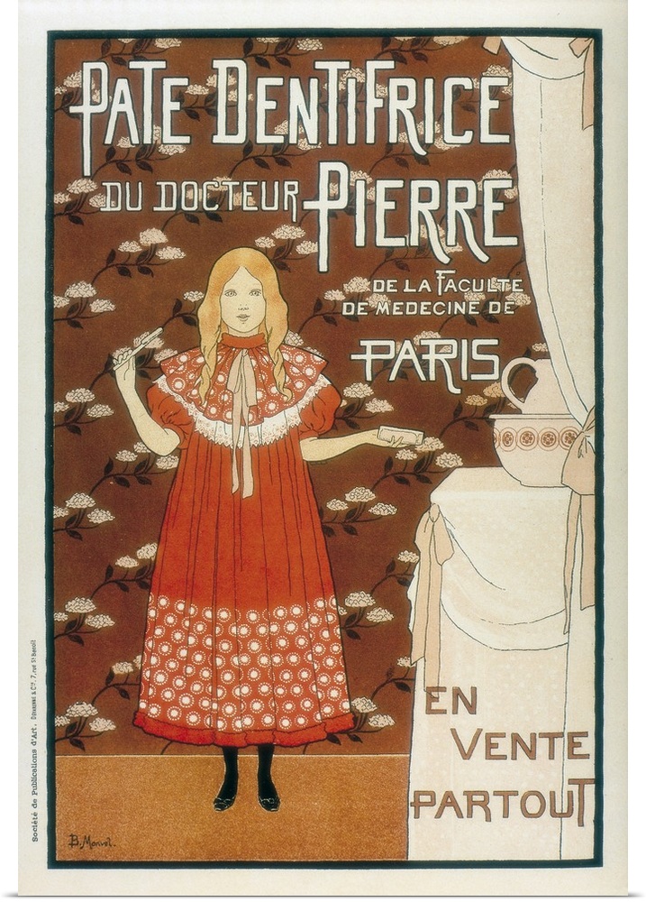 Advertisement sign for Pate dentifrice du Dr.Pierre, 1896. Art Nouveau. Engraving. -