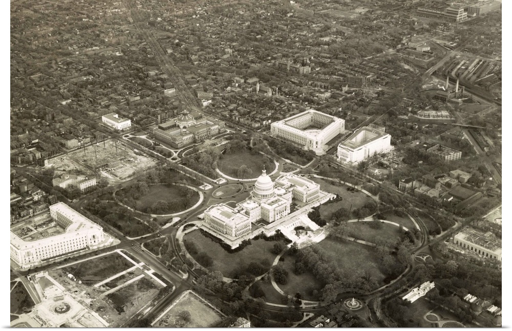 Aerial photo of Capitol Hill, May 1, 1932, with a view of the U.S. Capitol and vicinity. View to the northeast includes Li...
