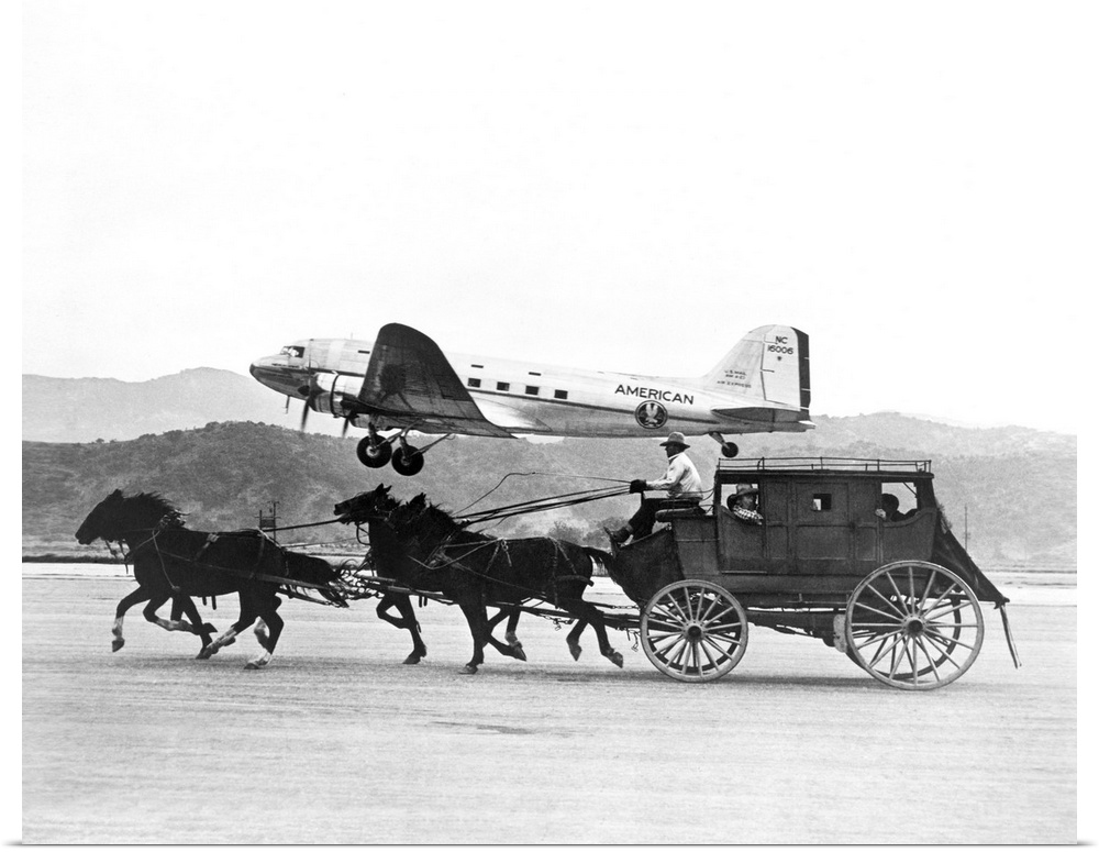 American Airlines DC-3 flying past horse drawn stagecoach. The photo was featured in an American Airlines magazine adverti...