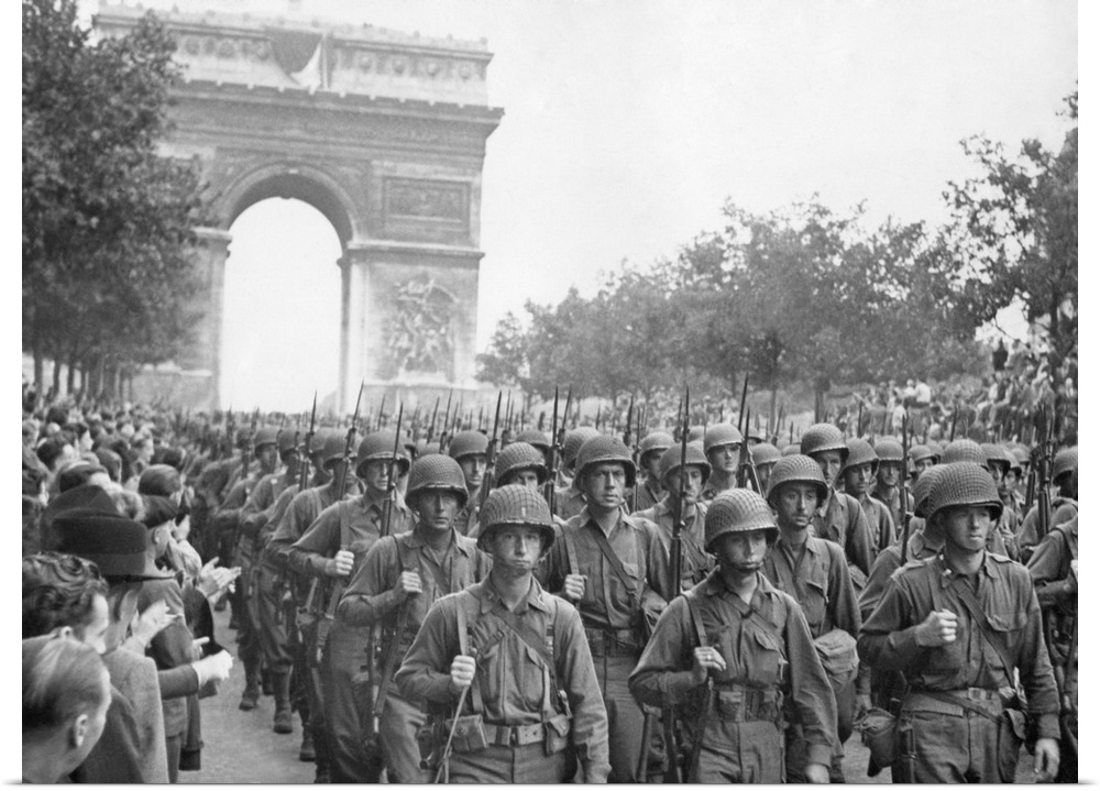 American troops marched down the Champs Elysees to the cheers of Parisians. August 25, 1944, World War 2. They are fully e...