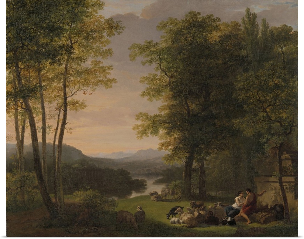 Arcadian Landscape, by Jan Willem Pieneman, 1813, Dutch painting, oil on canvas. Shepherd and shepherdess in ancient Greci...