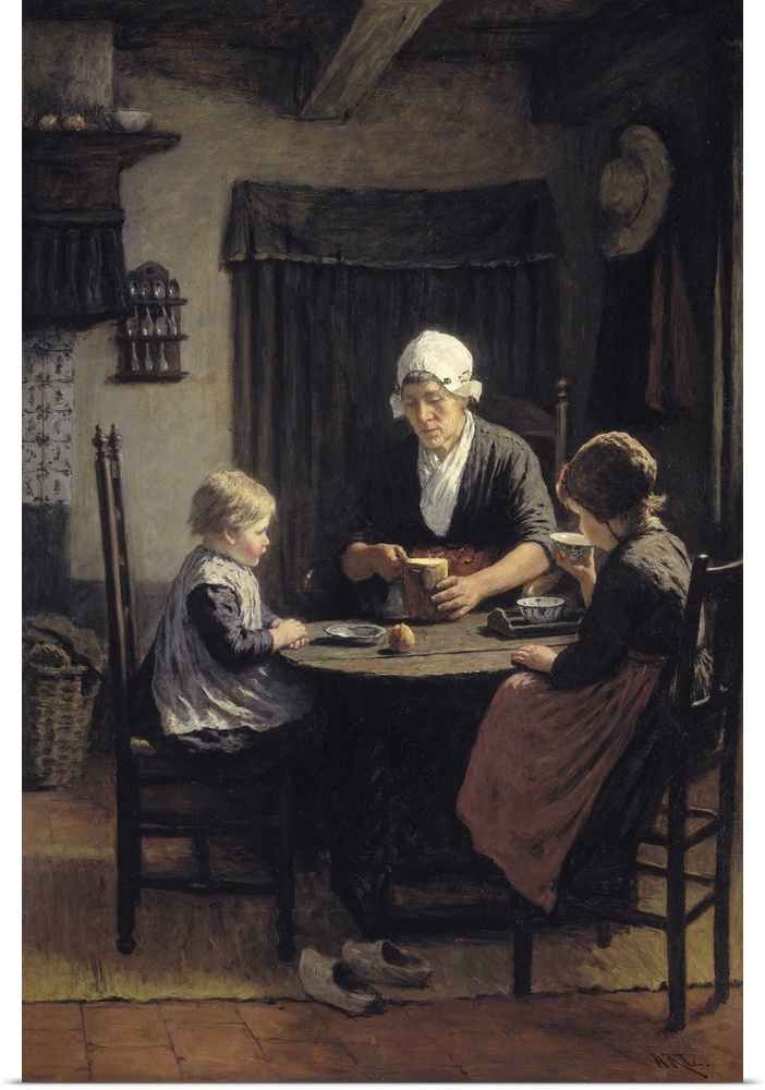 At Grandmother's, by David Adolph Constant Artz, 1883, originally oil on canvas. Dutch interior with grandmother cutting b...