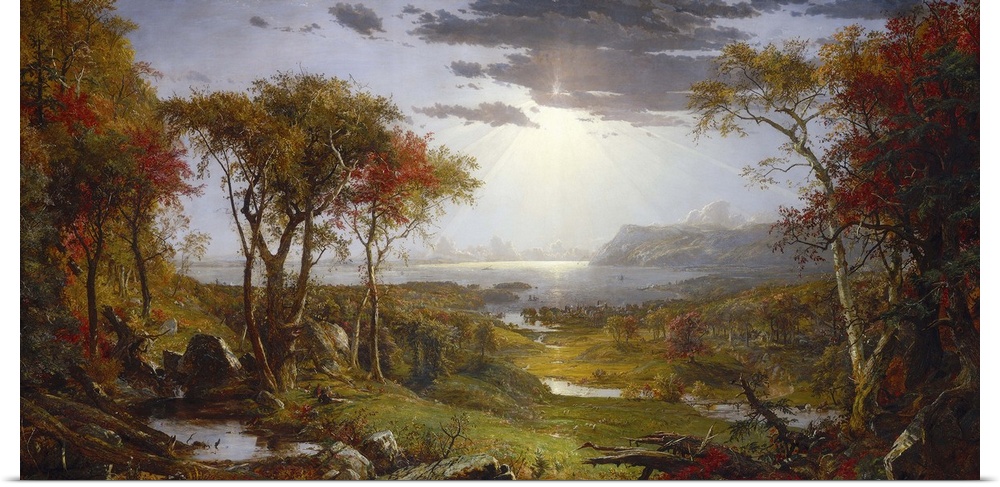 Autumn-On the Hudson River, Jasper Francis Cropsey, 1860, American painting, oil on canvas. The view is toward the southea...