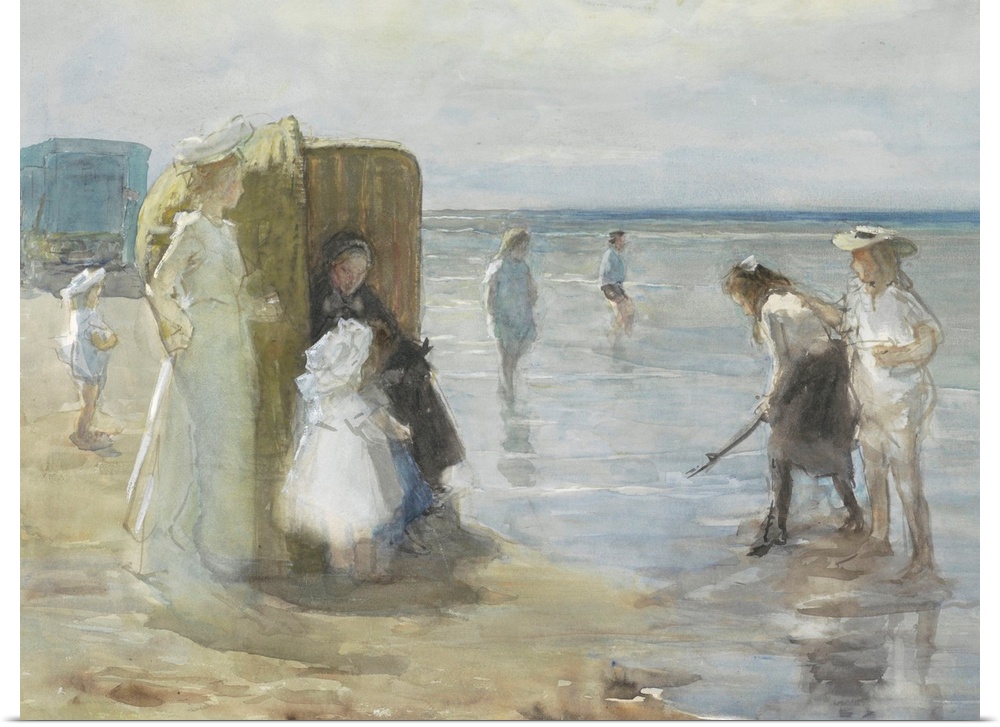Beach of Scheveningen, with Two Ladies and Children, by Johan Antonie de Jonge, c. 1890-1920. They are on the tide line wi...